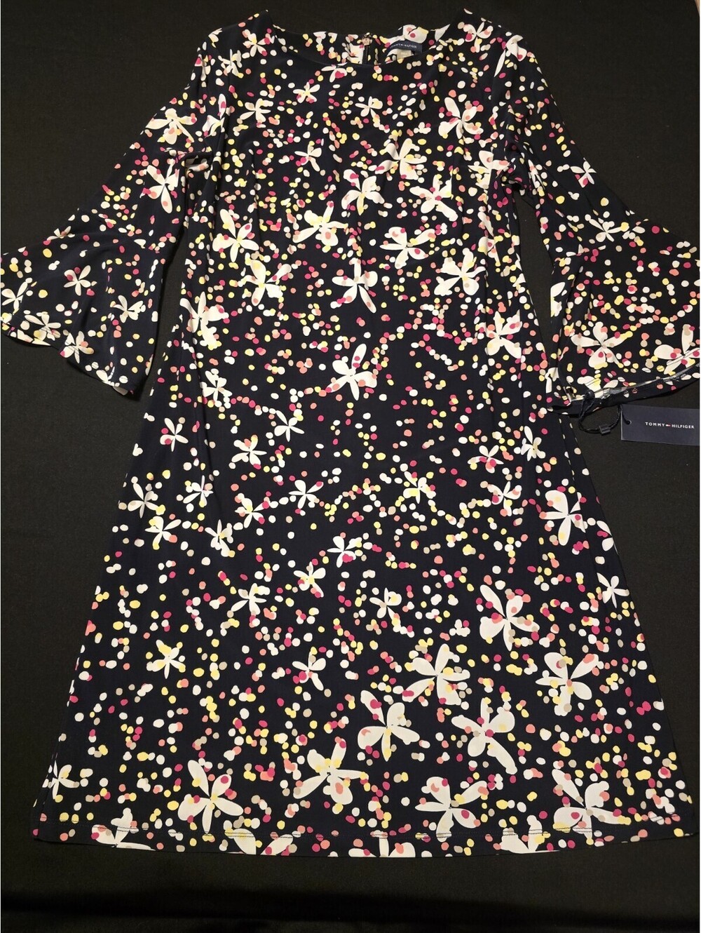 NWT Tommy Hilfiger Black White Floral Shift Dress Womens Bell Sleeve 3/4 Size 10